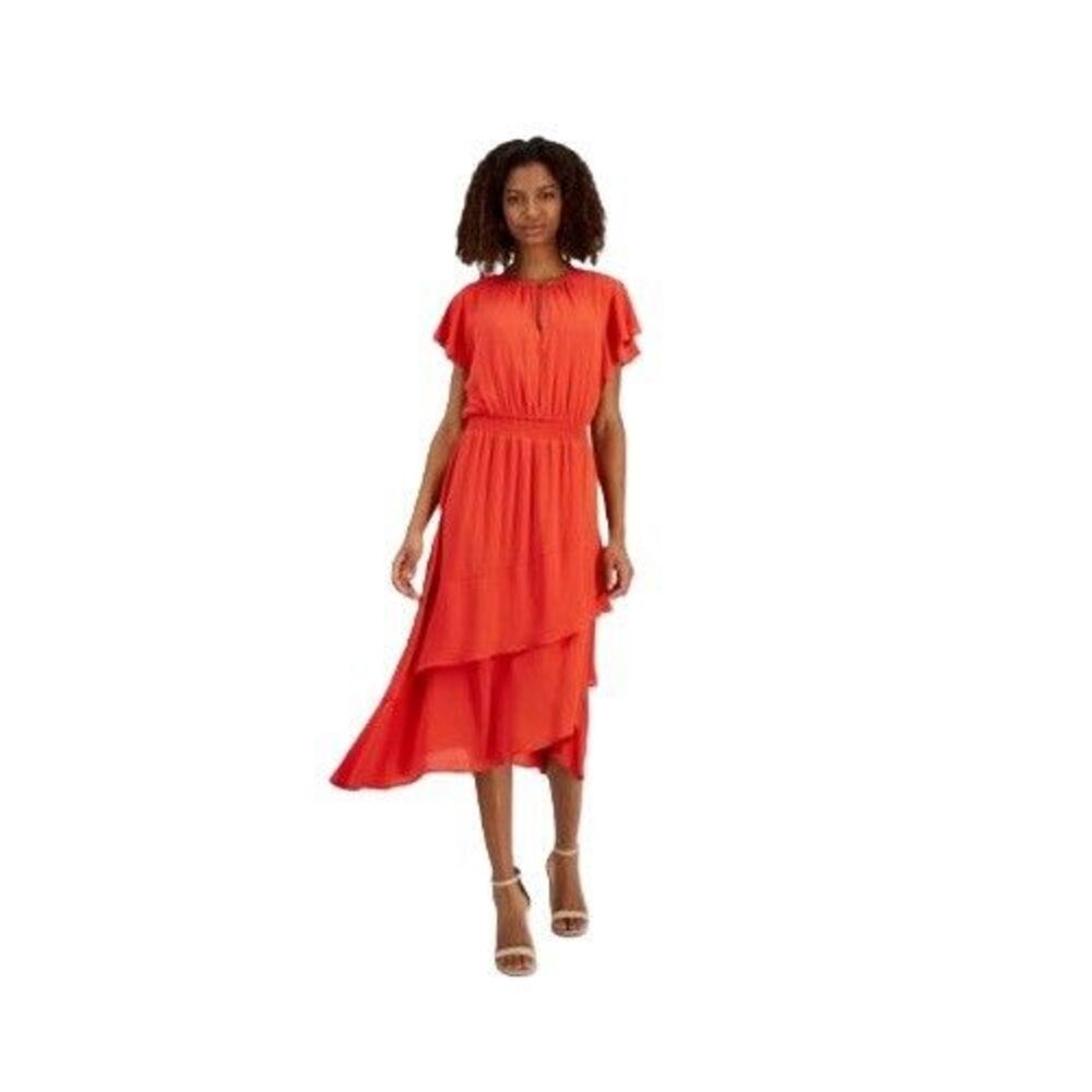 Tahari Womens M Hibiscus Red Tiered Flutter Sleeve Asymmetrical Dress NWT CO89